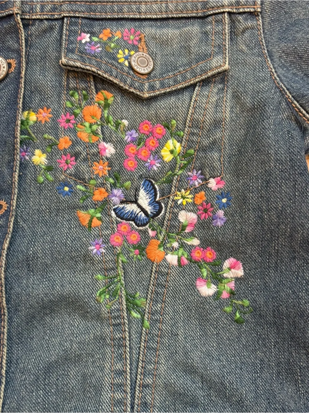 Vintage GAP Girls Denim Jean Jacket Embroidered Flowers Butterfly Size S